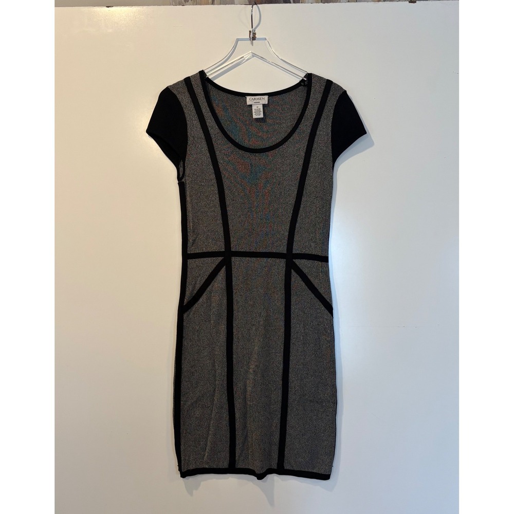Carmen Marc Valvo Dress Womens Medium‎ Grey Black Colorblock Sheath Knit